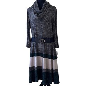 Signature by Robbie Bee Dress Gray/Green Knit  Belted Midi w/ Scarf Size XL  NWT